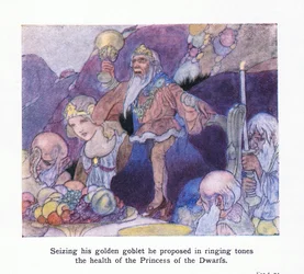 Er hob seinen goldenen Becher und schlug in klingenden Tönen auf die Gesundheit der Prinzessin der Zwerge an